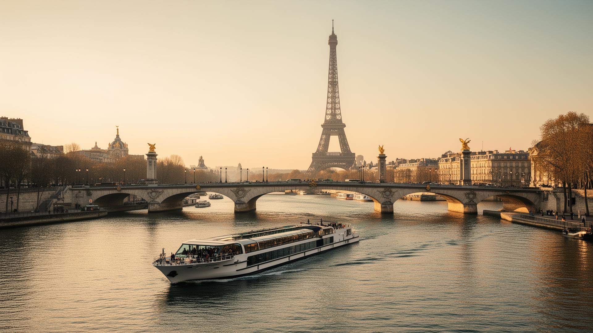 Bateau on the Seine at golden hour with Eiffel Tower in the background