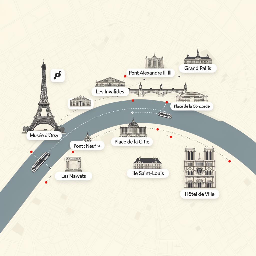 Editorial map of central Paris showing Seine cruise landmarks: Eiffel Tower, Louvre, Notre-Dame, Les Invalides and more