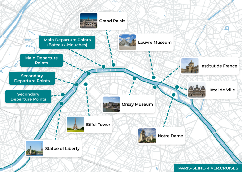 Paris Seine river cruise map with main landmarks and departure points